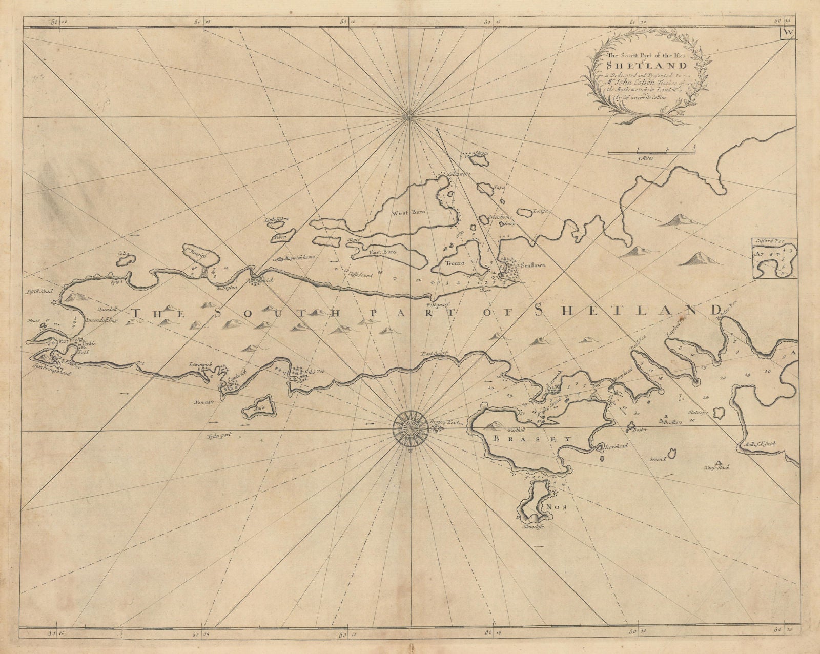 The South Part of the isles of Shetland sea chart. Lerwick. COLLINS 1723 map